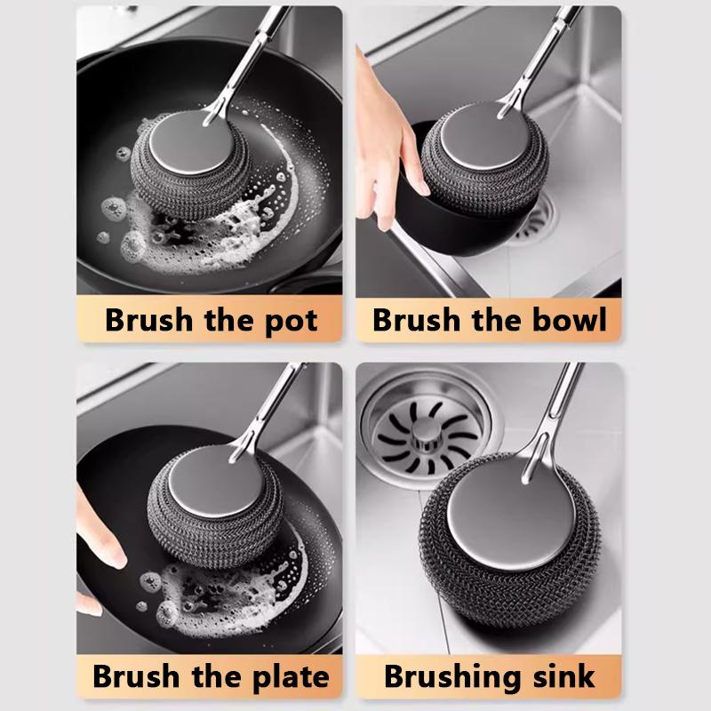 Stainless Steel Pot Brush Kitchen Special Pot Washing Steel Wool Ball Brush Long Handle Dish Cleaning Brush Pot Brush Magic Tool