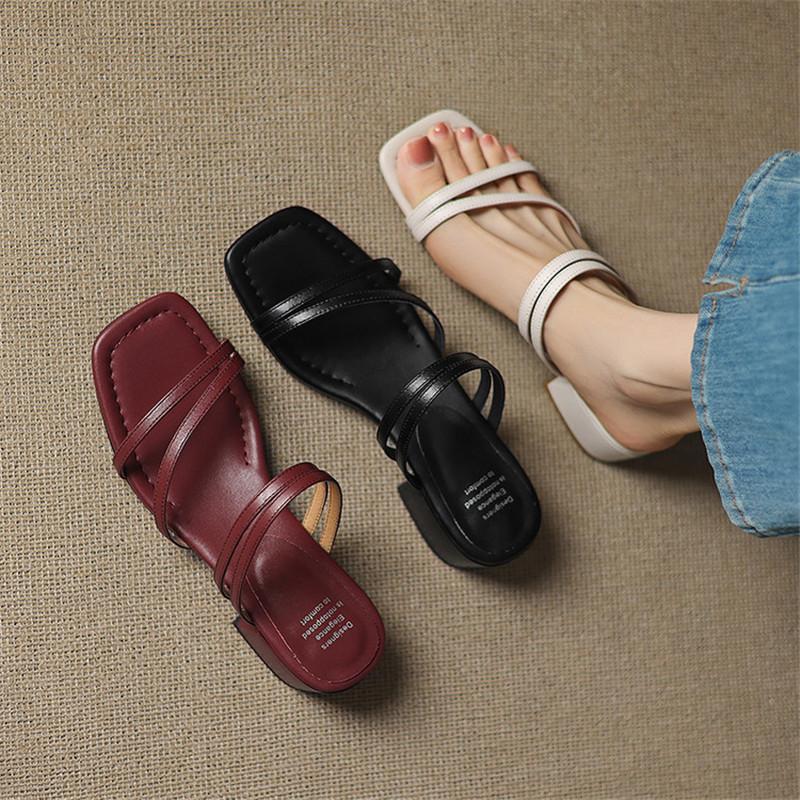 Fashion New Summer Sandals Genuine Leather Women Shoes Square Toe Sandals for Women Fashion Chunky Heel Slippers Shoes Mid Heel Red