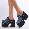 Fashion Denim Blue Solid Platform Rivets Women Slippers Fashion Design Thick Bottom High Heels Shoes Summer Party Dress Zapatos Mujer