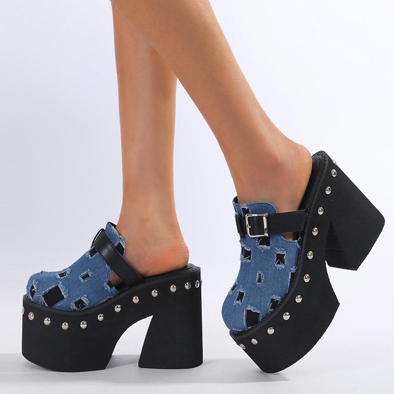 Fashion Denim Blue Solid Platform Rivets Women Slippers Fashion Design Thick Bottom High Heels Shoes Summer Party Dress Zapatos Mujer