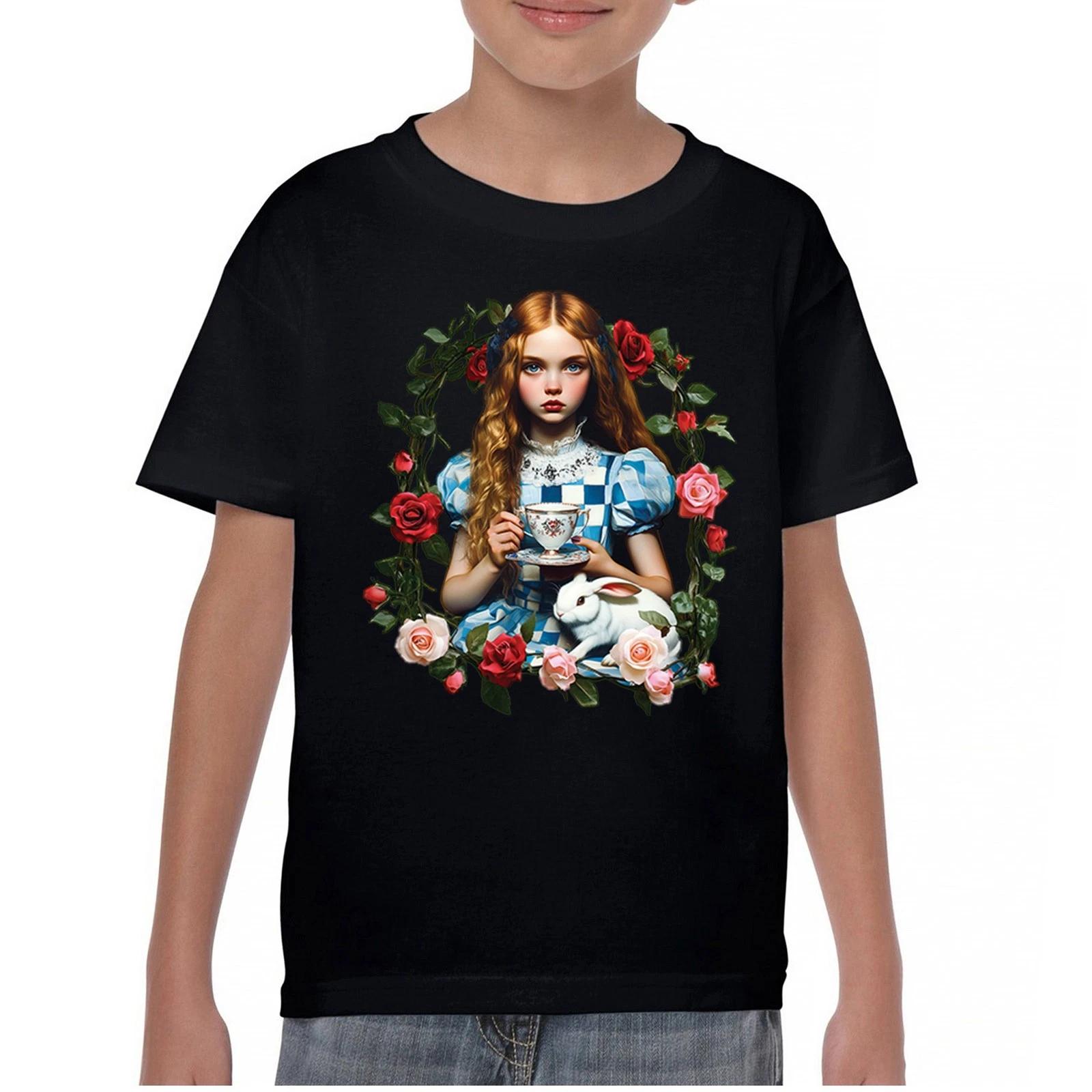 Storybook Alice Tea Party Youth kids boys T-Shirt Wonderland Girl Fairytale Rabbit Kids 160