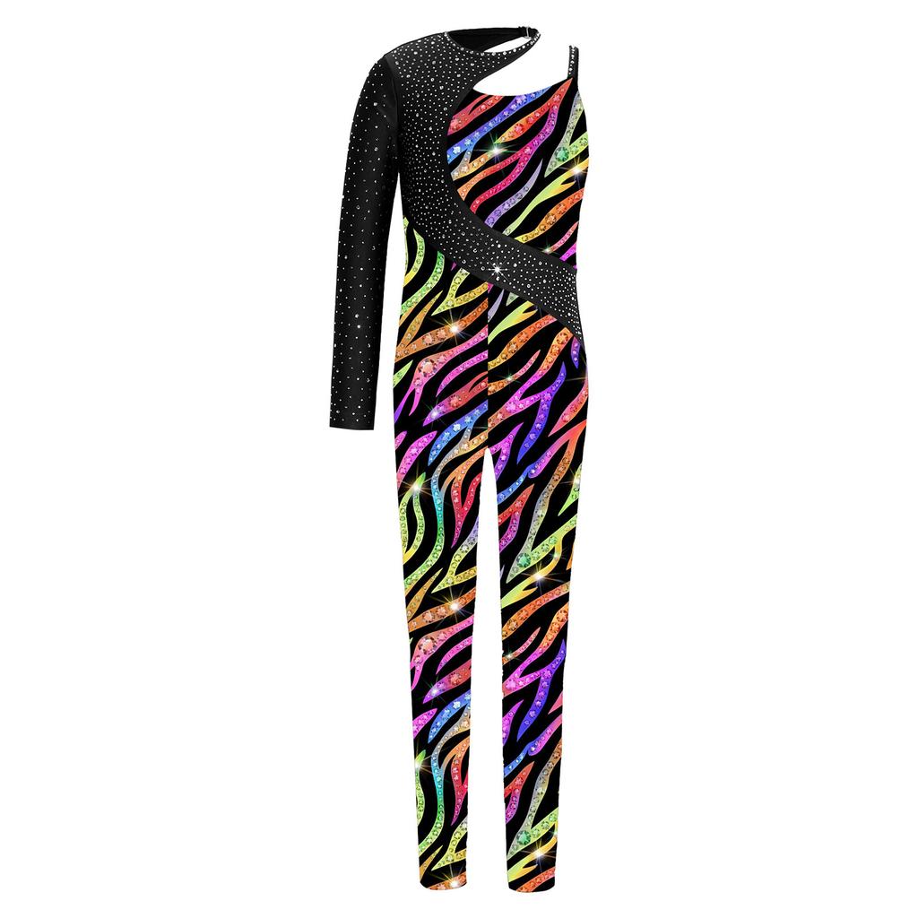 Girls Shiny Rhinestone Printed Gymnastics Jumpsuit Asymmetrical Full Length Bodysuit