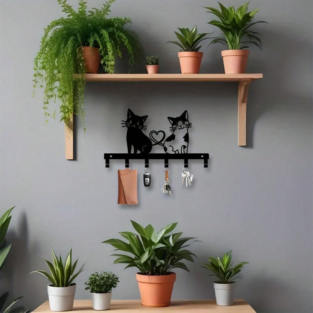 Double Cat Key Holder Wall Mount Metal Key Rack Heart Shape Black Storage Organizer for Hallway Entryway Corridor