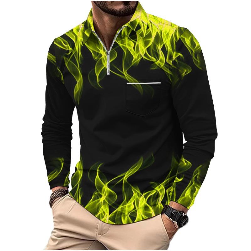 Men's Printed Polo Shirt with Zipper Pocket Sports Long Sleeved Polo Shirt