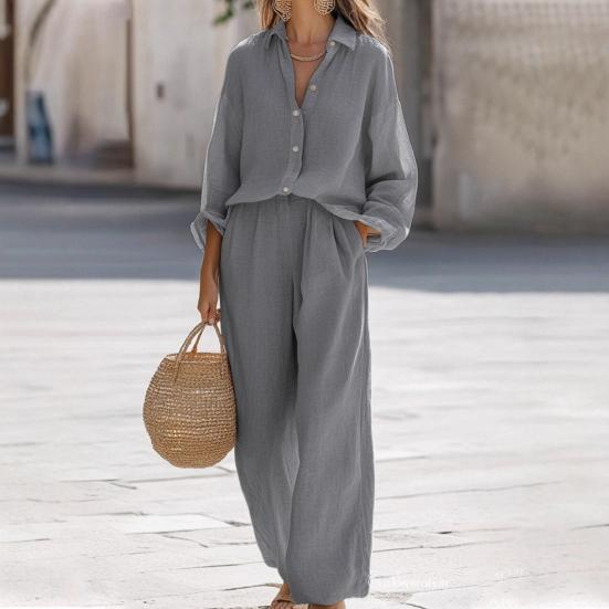 Women's Casual Two Piece Outfit Long Sleeve Button Down T Shirt And Wide Leg Pants Set Fall Spring Lounge Set