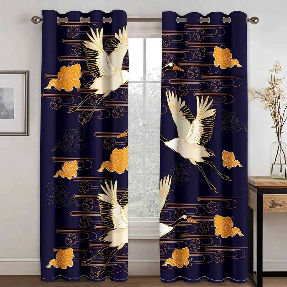 Red Blue Japanese Design Style Crane Wave Mountain Sun Printed Design High Sun Shading Drape Bed Chamber Living Room Hospitality Venue Window Drape