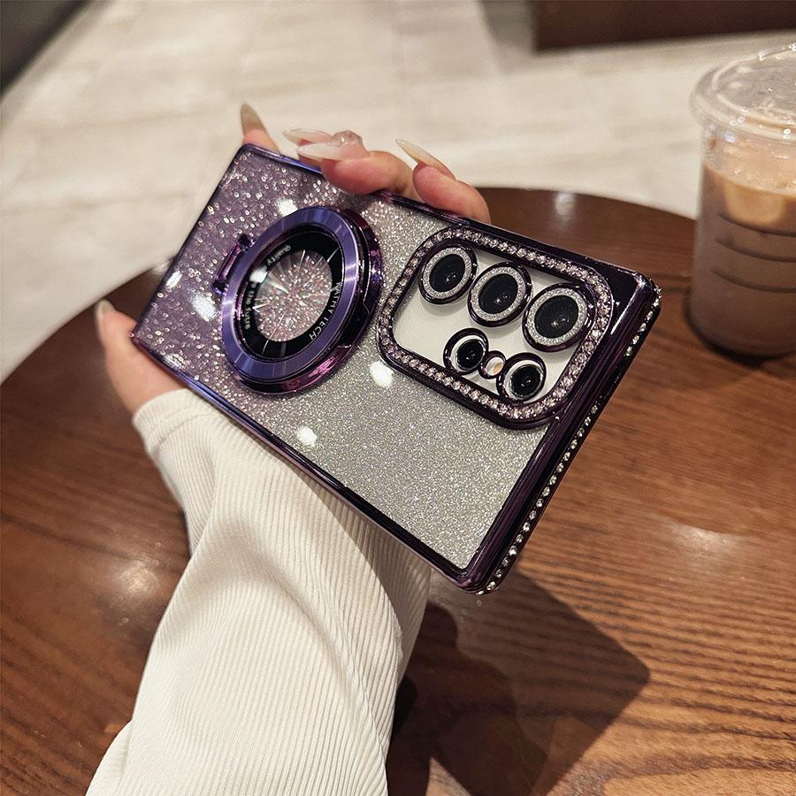 Luksus Glitter Bling Gradient Etuier Stativ Diamant S24Ultra Etui For Samsung Galaxy S25 S24 S23 S22 Ultra Plus A05S A15 A24 A25 A35 A55 Deksel
