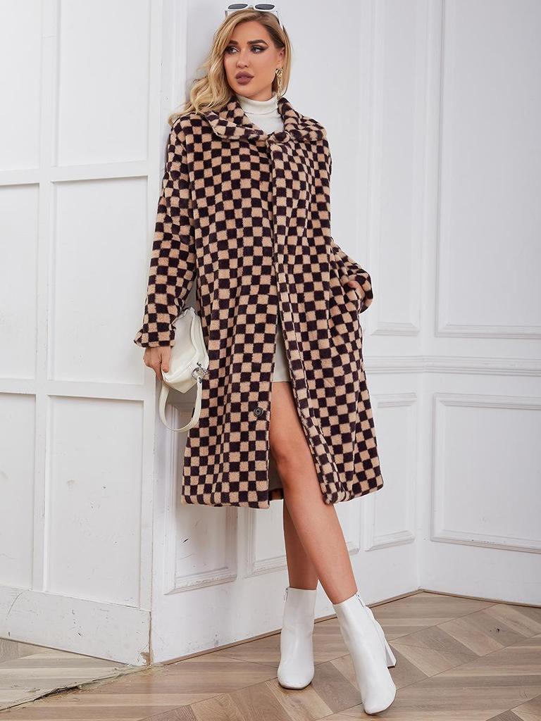 2023 Women's Mid-Length European & American Faux Fur Plaid Coat