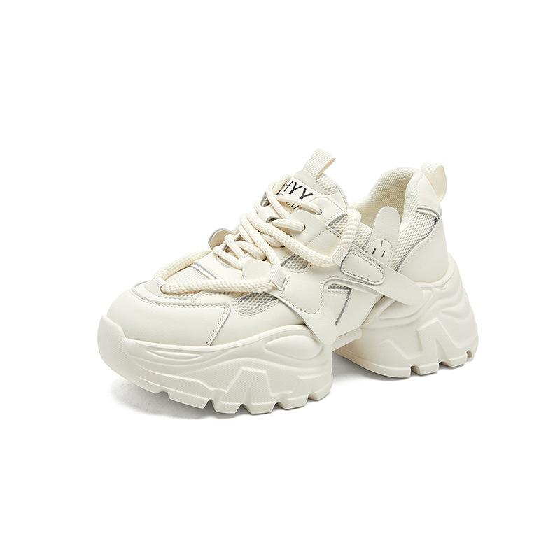 2025 New Leather Dad Shoes Women's Thick-soled Soft-soled Lightweight Double Mesh Breathable Little White Shoes Slim Sneakers