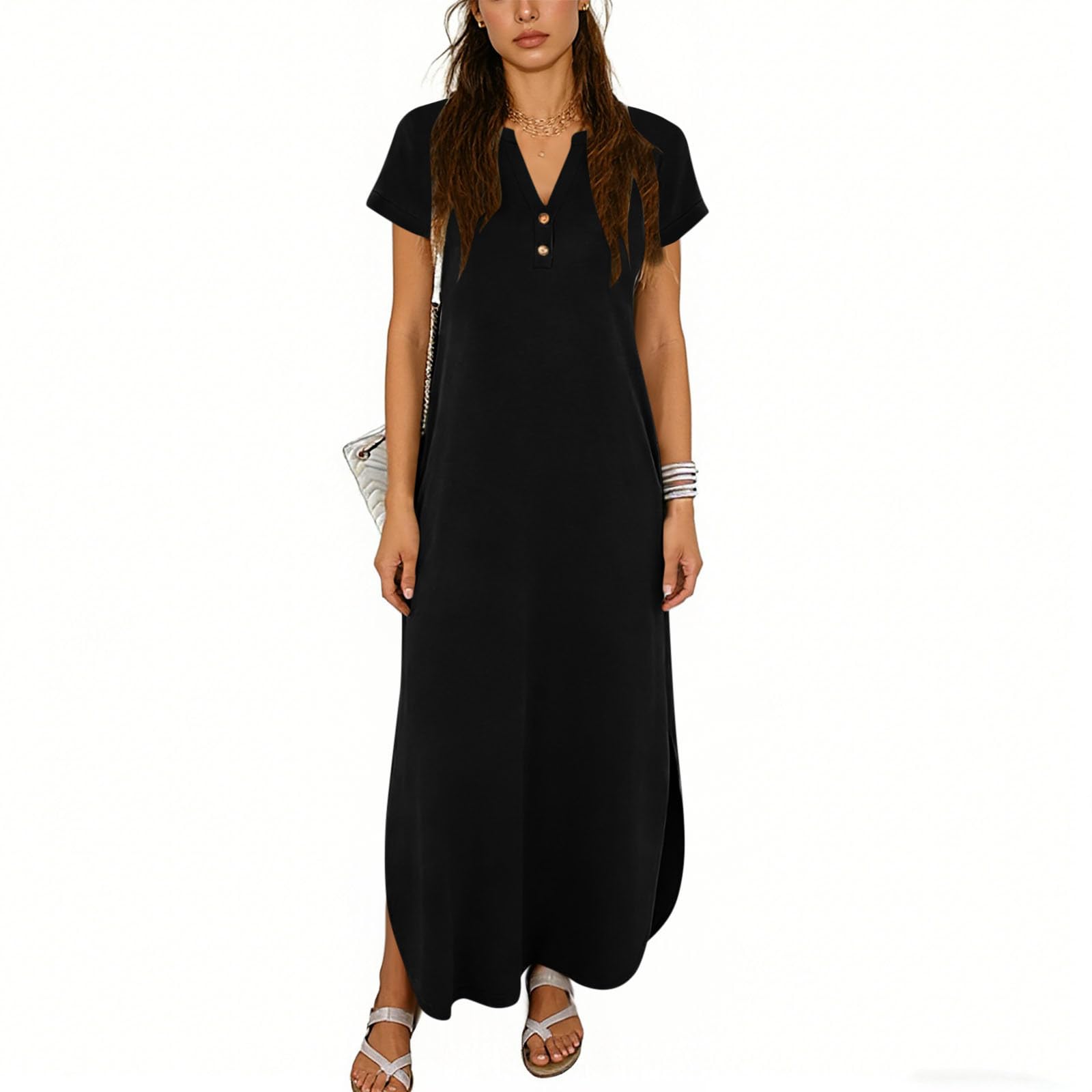 Women s Color Casual Fashion Short Sleeved V-neck Dress S чёрный