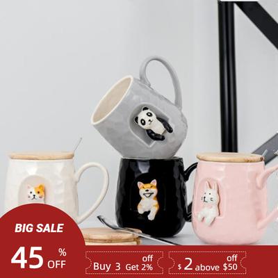 3D Kawaii Animal Shape Coffee Mug 430ml - Cat Dog Rabbit Panda Ceramic Drinkware with Lid And Spoon for Milk Juice Tea
