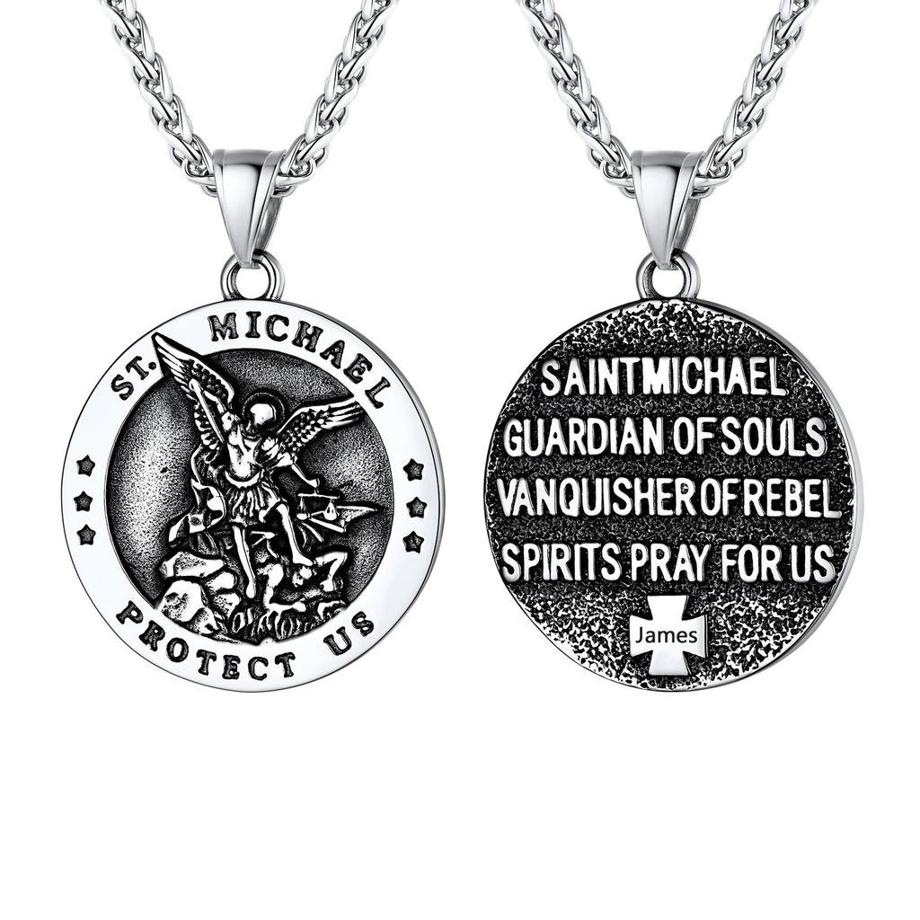 U7 Round Medal St Michael Necklaces for Men Stainless Steel Catholic Protection Amulet Archangel Pendant 22" Chain Jewelry Gift