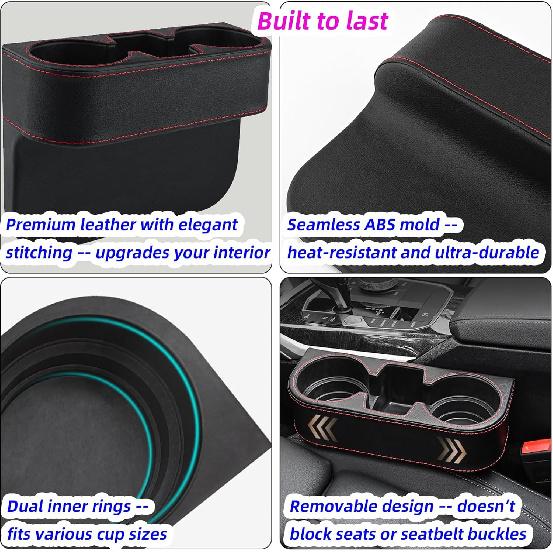 Car Cup Holder Expander & Seat Gap Filler - PU Leather Cover with Stitching, Multifunctional Front Seat Organizer, for Car Truck Van, Holds Large