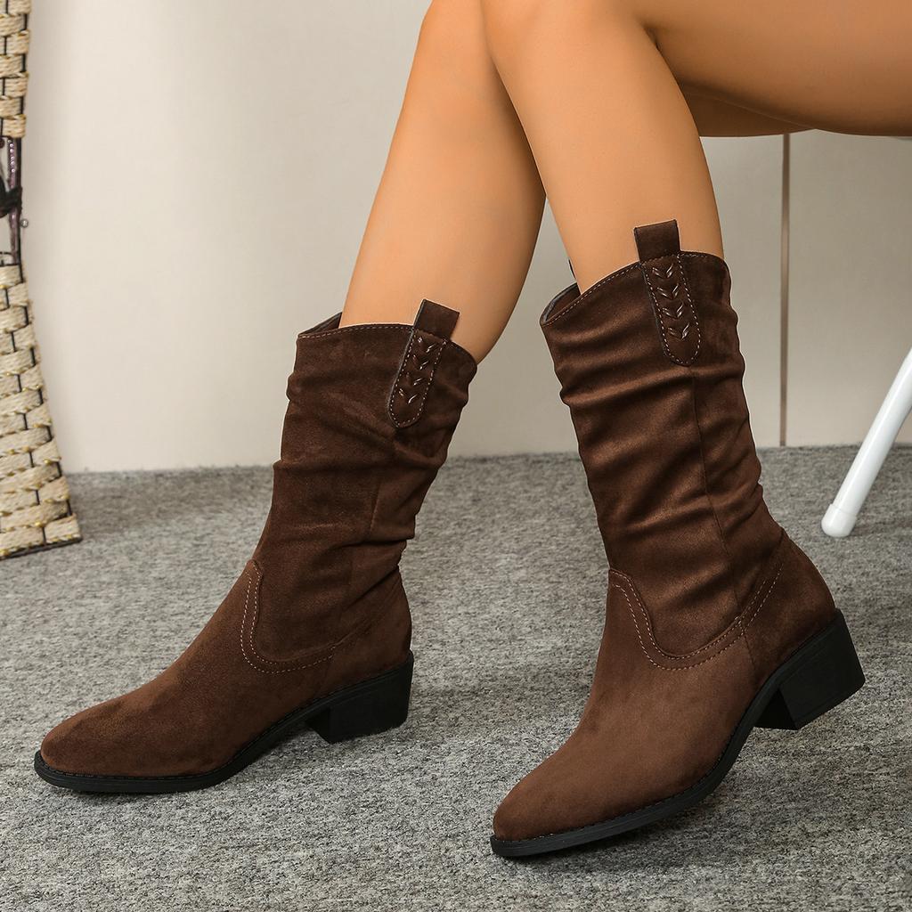 2025 Winter New Suede British Style Mid-Top Boots Women's Plus Size Pleated Pointed Stack Boots