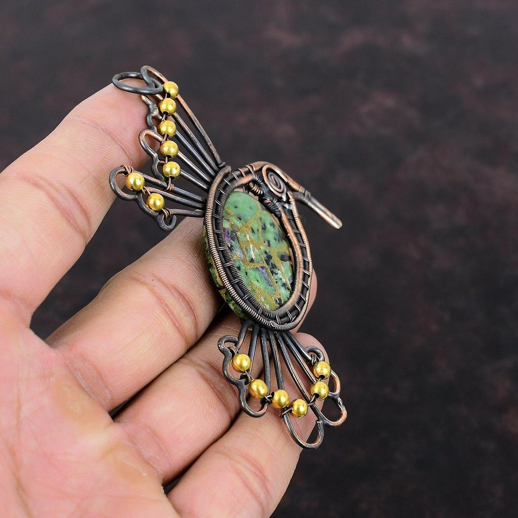 Copper Ruby Zoisite Pendant Copper Wire Wrapped Pendant Ruby Zoisite Jewelry Gemstone Pendant Handmade Bird Pendant Copper Jewelry For Gift