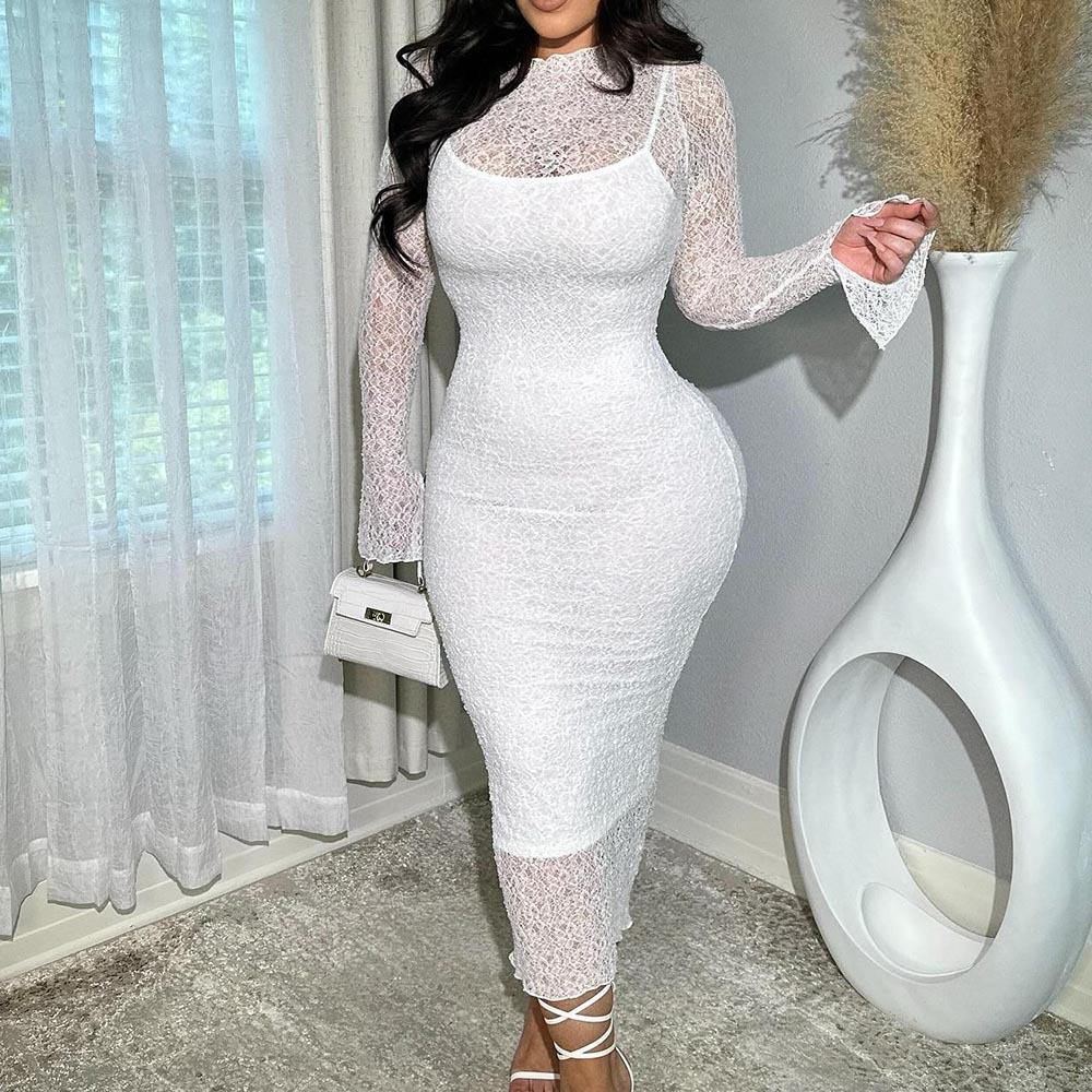 

Special for Summer New Products, Sexy Slim Lace Perspective Long-sleeved Dress for Women S белый
