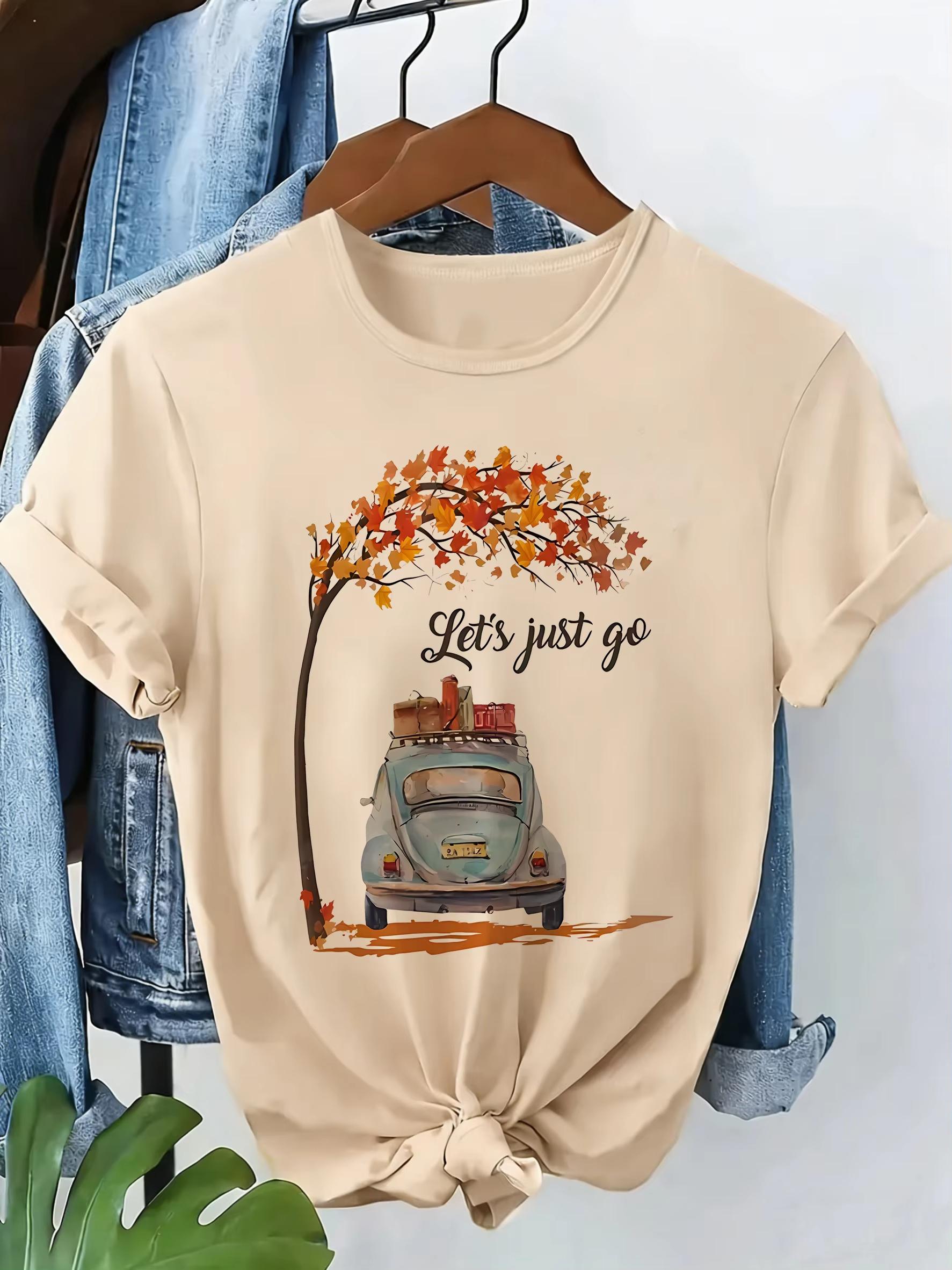

2026 Vintage Car with Leaf Casual Y2k Fashion Tshirt Print Short Sleeve T Shirt Clothing Top Tee Summer Ladies Girls Shirt S