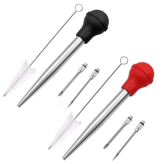 Turkey Baster Food Grade Heat-resistant Comfortable Grip with Silicone Suction Bulb Includes 2 Detachable Needles Cleaning Brush