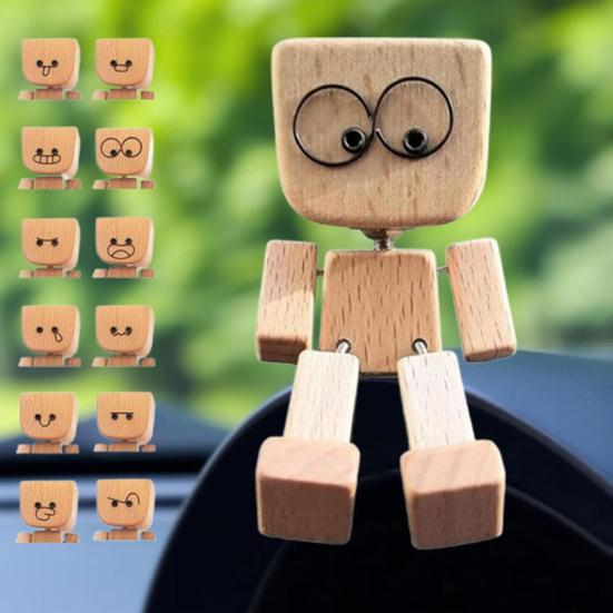 1 Set Shaking Wooden Man Figurine with 12 Expressions Handmade Shaking Feet Wooden Doll Car Dashboard Desktop Decoration