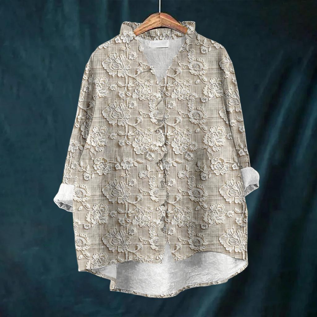 Women's Loose Ruffled Floral Print Stand Collar Long Sleeve Cotton And Linen Top