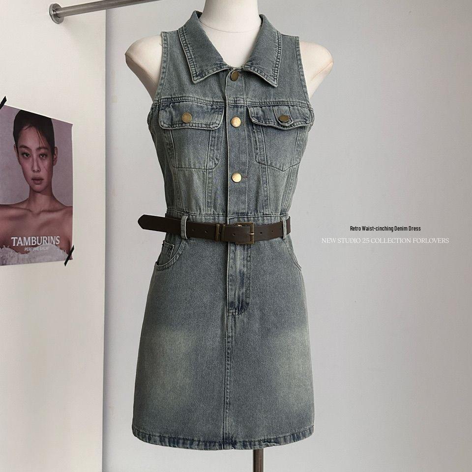 

2026 Unique Hong Kong Style Sleeveless Denim Dress - Slimming, Waist-cinching, Distressed A-line Summer Skirt S [85-100] lbs