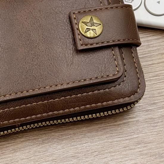 Men Faux Leather Wallet Large Capacity Wallet with ID Window Zipper Button Vintage Front Pocket Anti-Theft Multi-Slots Credit Card Holder