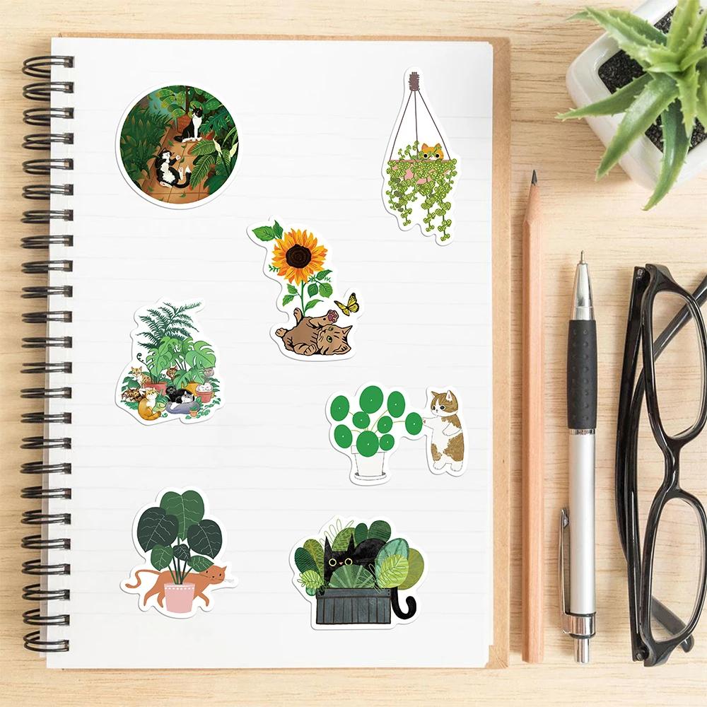 50Pcs Creative Plant And Cat Stickers Cartoon Pvc Decal Funny Diy Toy Decoration Phone Suitcase Laptop Fridge Cute Sticker