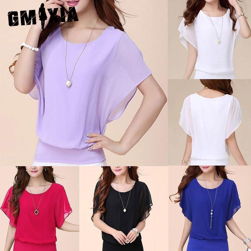 

GMXIA Жіночі модні повсякденні одноколірні блузки та сорочки з коротким рукавом і круглим вирізом S білий