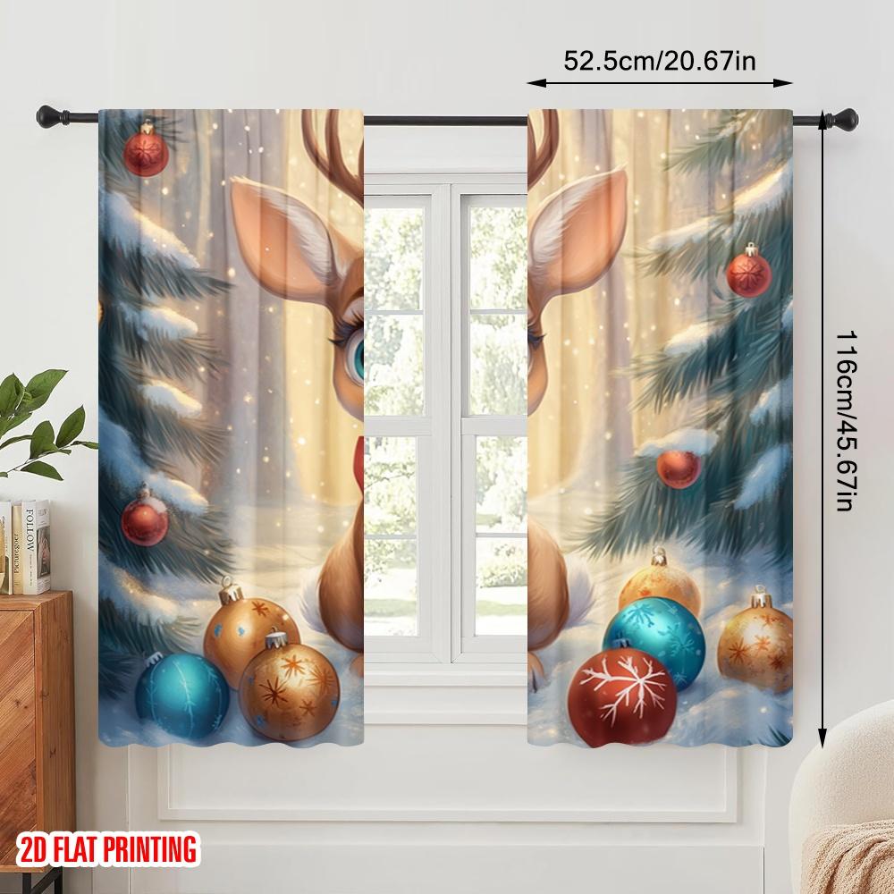 2Pcs,2D Plane Printing Curtain Popular Cute Deer Winter Ornament (3) Versatile Polyester Fabric (Without Rod) Holiday Use For