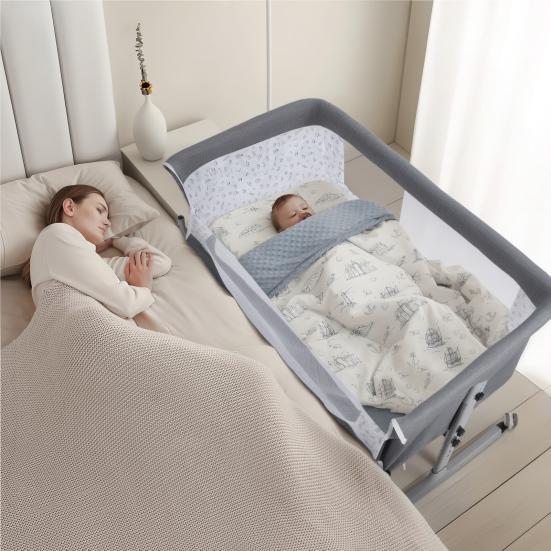Baby Bedside Crib, Bassinet with Large Curvature Cradle, Height Adjustable Bedside Bassinet, Movable Beside Bassinet with Mosquito Net (Grey)
