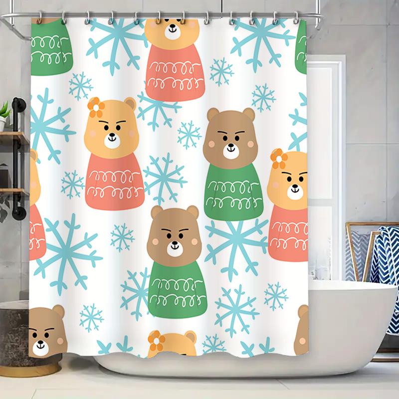 

Christmas-Themed Bath Curtains Featuring Cute Cartoon Bears Wearing Sweaters With Snowflakes Perfect For Festive Holiday Decor! W60H190(CM)-1 Pcs