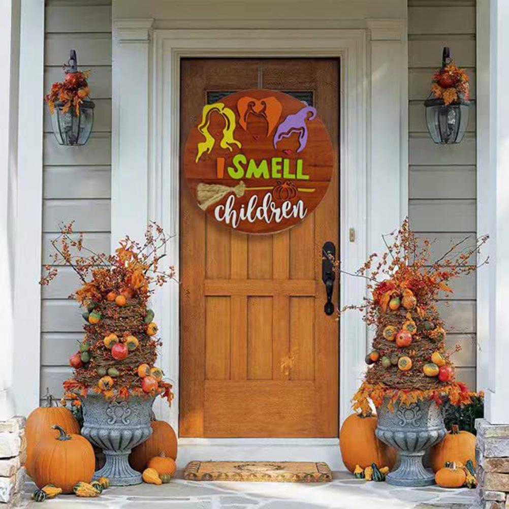 Halloween Witch Film Door Sign Front Door Wooden Hanging Sign for Halloween Home Outdoor Wall Decor