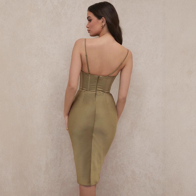 Elegant Satin Ruched Neck Strappy Long Dress