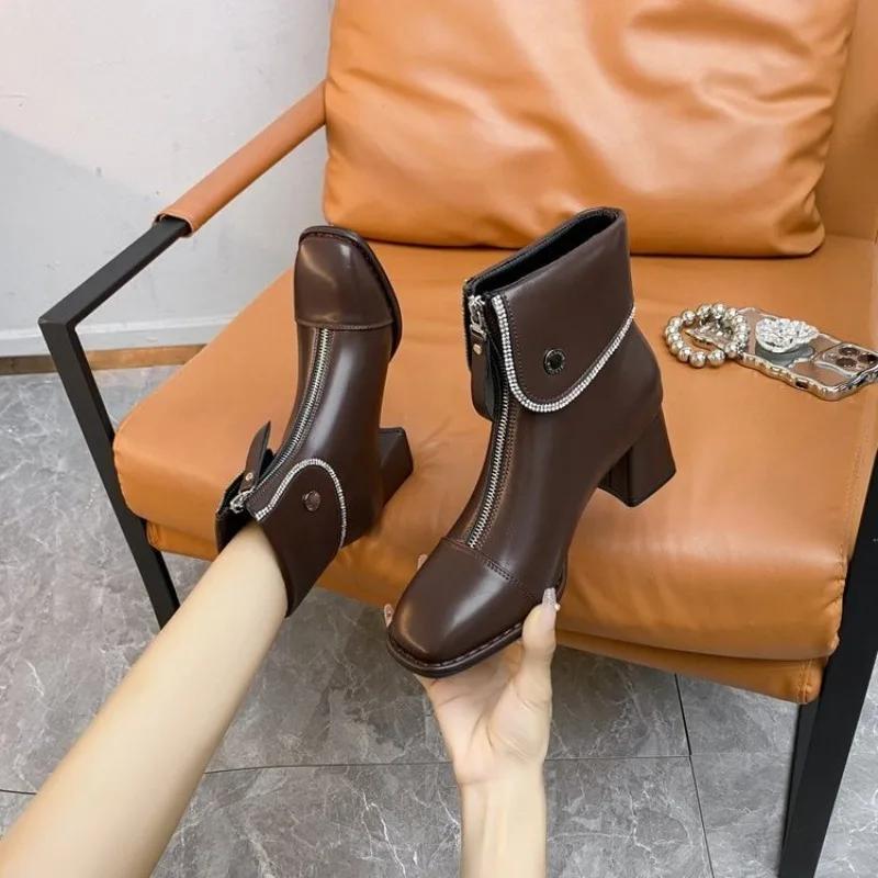 Fashion Boots  Spring/Autumn/Winter New Thick Heel Casual British Style Front Zipper High Heel Short Boots for Women