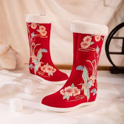 Stivali invernali da donna nuovi alti con ricami in cotone stile etnico punta tonda con rialzo interno in peluche per tenersi al caldo stivali rossi da sposa
