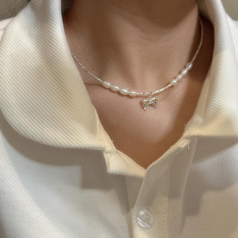 S925 Sterling Silver Bow Broken Silver Bracelet Necklace Sweet Blogger Same Handmade Design Pearl Jewelry