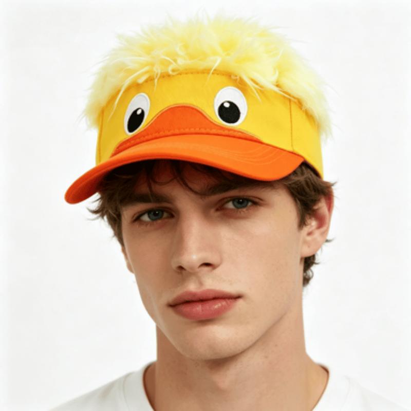 Lustige Enten-Visierkappe mit Kunsthaar, Neuheit Gelb-Orange Verstellbares Sonnenschild für Männer Frauen, Einzigartige Lässige Streetwear-Kappe