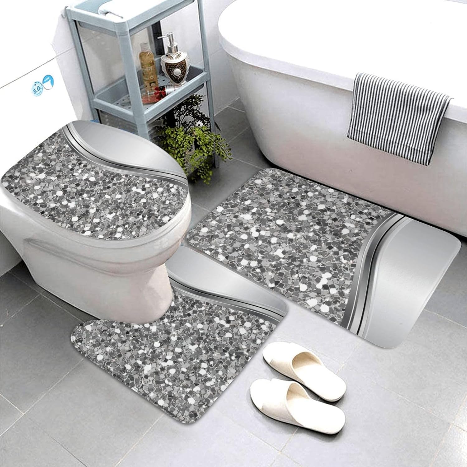 

Серебристый Искусственный Глиттер Глэм Блинг Коврики для Ванной Комнаты 3 Предмета Фланелевый Набор Ковриков для Ванной Супер Впитывающий Чехол на Крышку Унитаза и Мягкий Плюшевый, Нескользящий Коврик для Ванной на Пол для