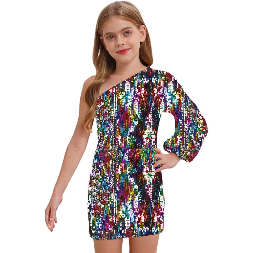 Vestido de Lentejuelas Brillantes para Niñas de un Hombro Manga Larga Largo por Encima de la Rodilla Vestido de Fiesta de Cumpleaños Concurso Boda