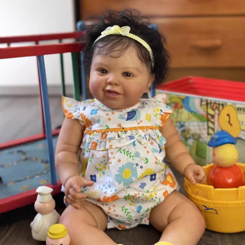 24 " 60 Cm Black Skin Rebirth Baby Doll Girl KODI Sof Cloth Body Simulation Reborn Dolls Lifelike Handmade Rooted Short Curly Hair Newborn Babies Doll