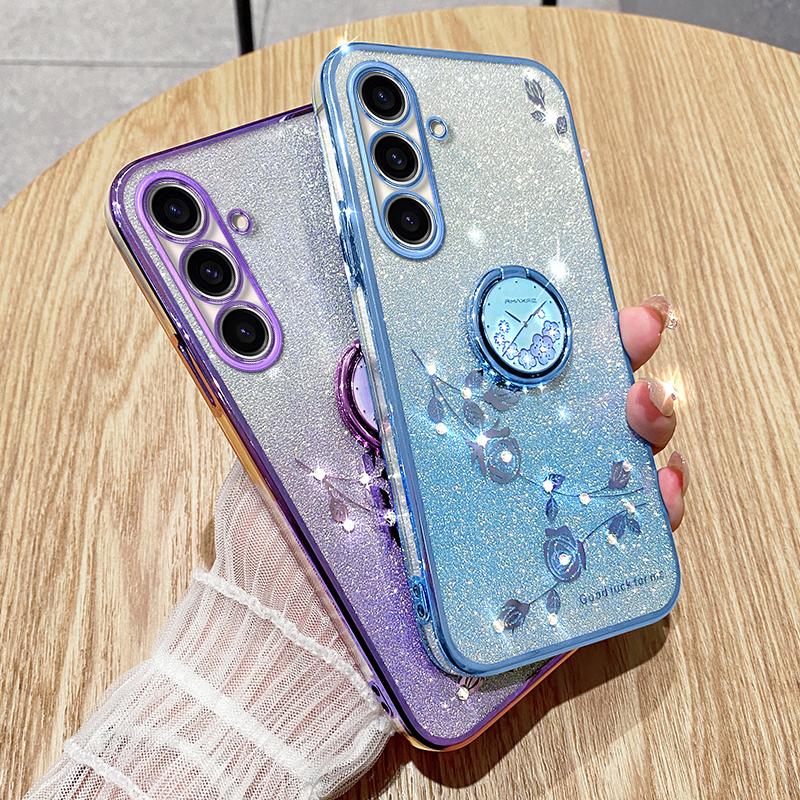 KADEM For Samsung Galaxy M52 5G Flower Pattern Back Cover Ring Kickstand Glitter Gradient TPU Phone Case