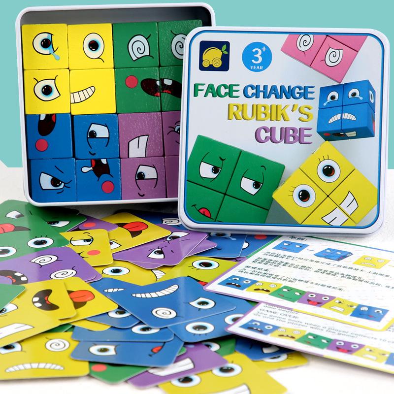Cross-Border Face-Changing Magic Cube Building Blocks: Wooden Educational Tabletop Game for Kids and Parent-Child Interaction