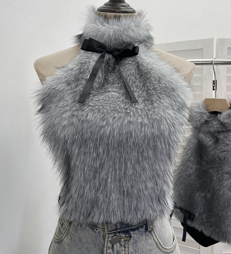 

Bow Fur Patchwork Halter Vest: Women s Autumn/Winter Sleeveless Top One Size білий