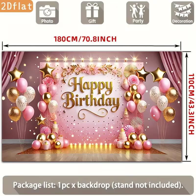 Pink Gold Birthday Tapestry, "Happy Birthday" with Floral and Balloons for Photo Booth