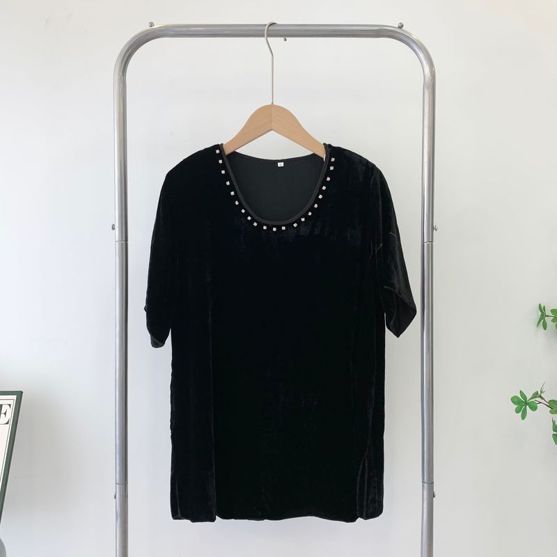 

Реальный бархат Топы Женские Короткий рукав 2025 Весна и Лето Шелковая рубашка Черная Шелковая Футболка с бриллиантами для матерей среднего возраста Black(Warehouse damp will have musty smell) 2XL