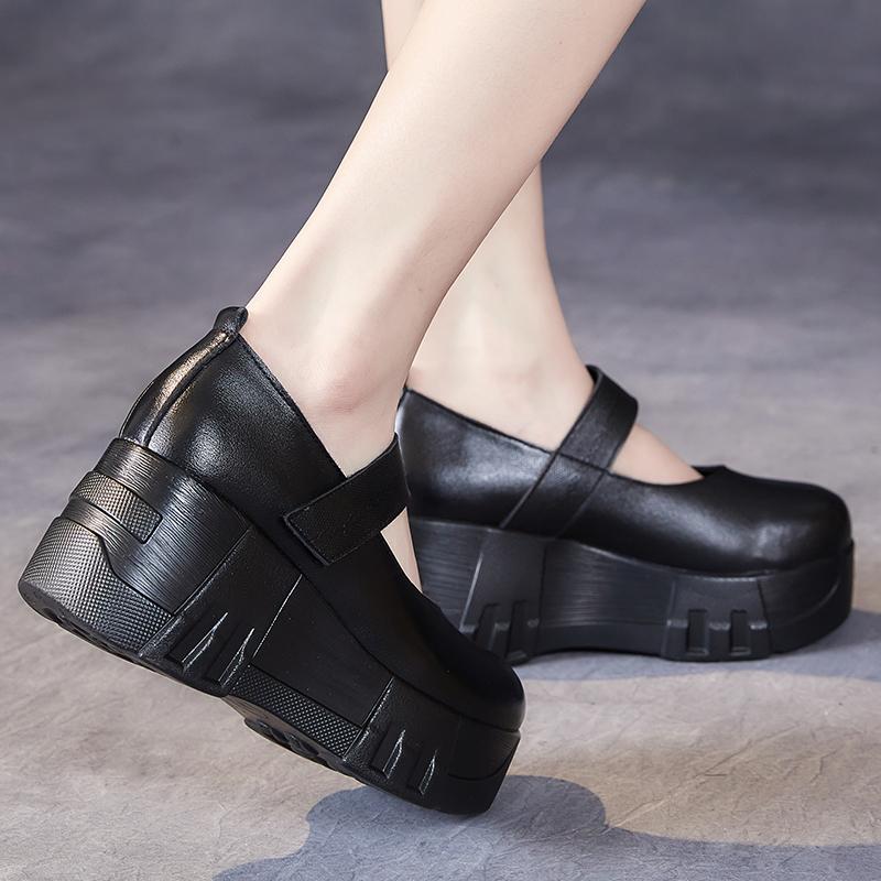 Móda GKTINOO 2024 Jaro Retro Dámské Boty z Pravé Kůže 7CM Klínky Podpatky Boty Silná Podrážka Ležérní Dámské Platformy