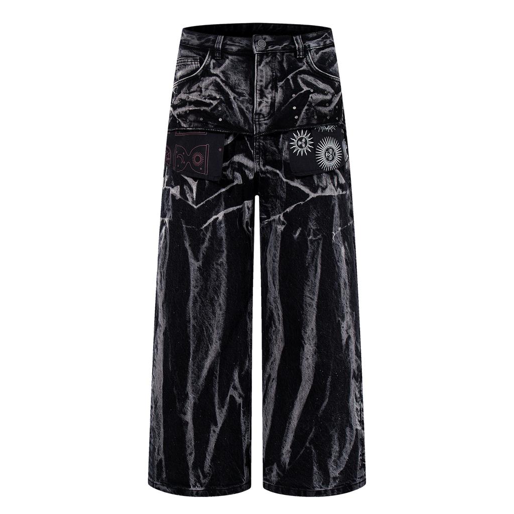 Men's clothing American high street RO wind heavy washed tie-dyed jeans high quality wide-leg pants