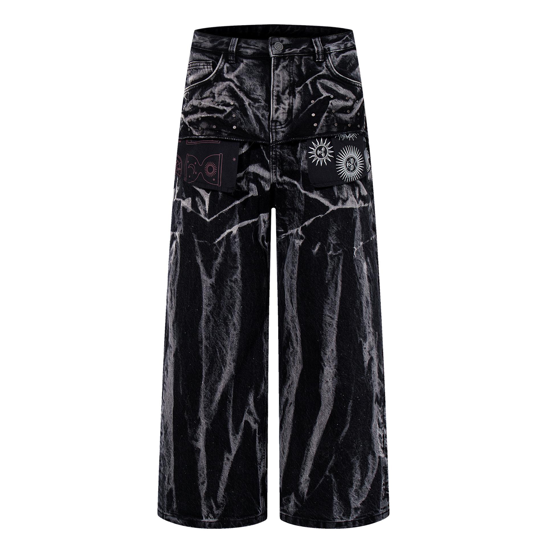 Men s clothing American high street RO wind heavy washed tie-dyed jeans high quality wide-leg pants S чёрный