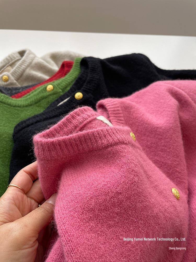 Whitening Raspberry Pink Gold Button Knit Cardigan - Women's Autumn/Winter Korean Style, Soft, Thick, Warm, Round Neck Wool.
