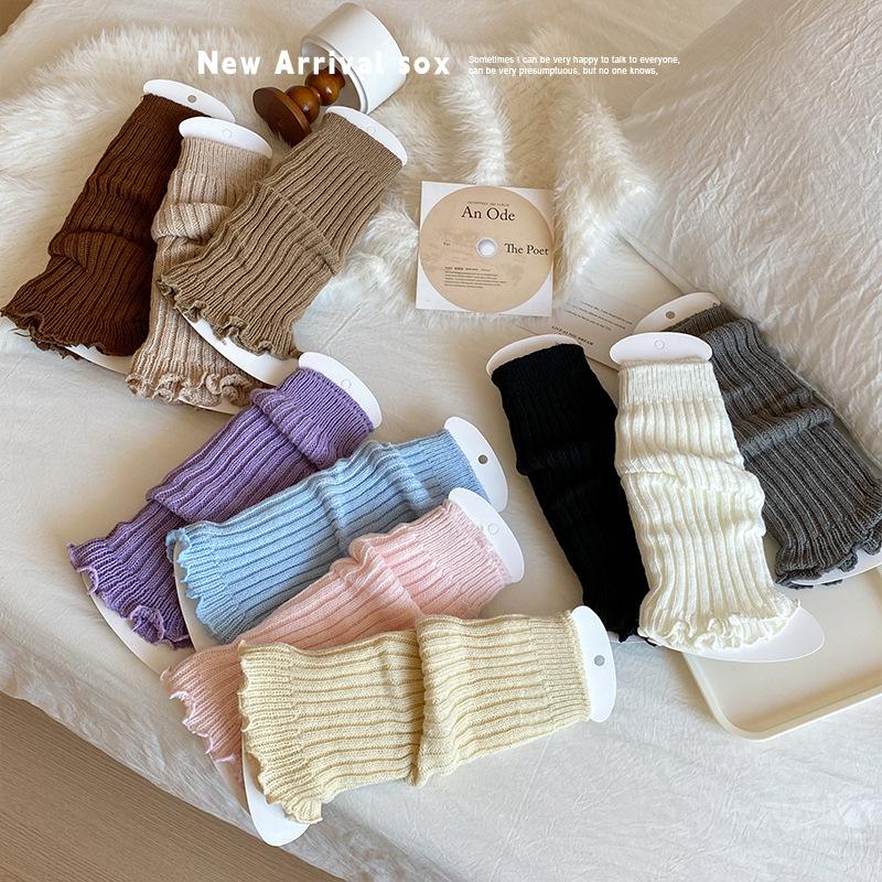 Socks College Style Spring And Autumn Medium Tube Stacking Socks Solid Color Lace Lolita Wool Leg Cover